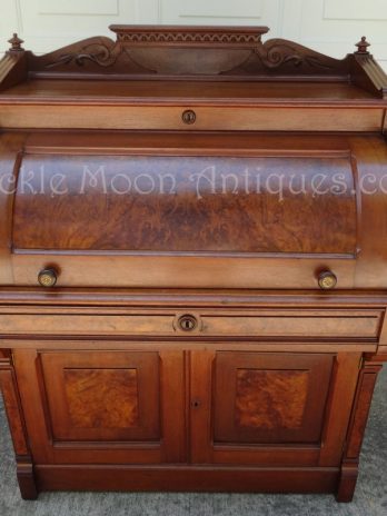 zzSOLD**  Walnut and Burl Antique Victorian Barrel Cylinder Roll Top Desk